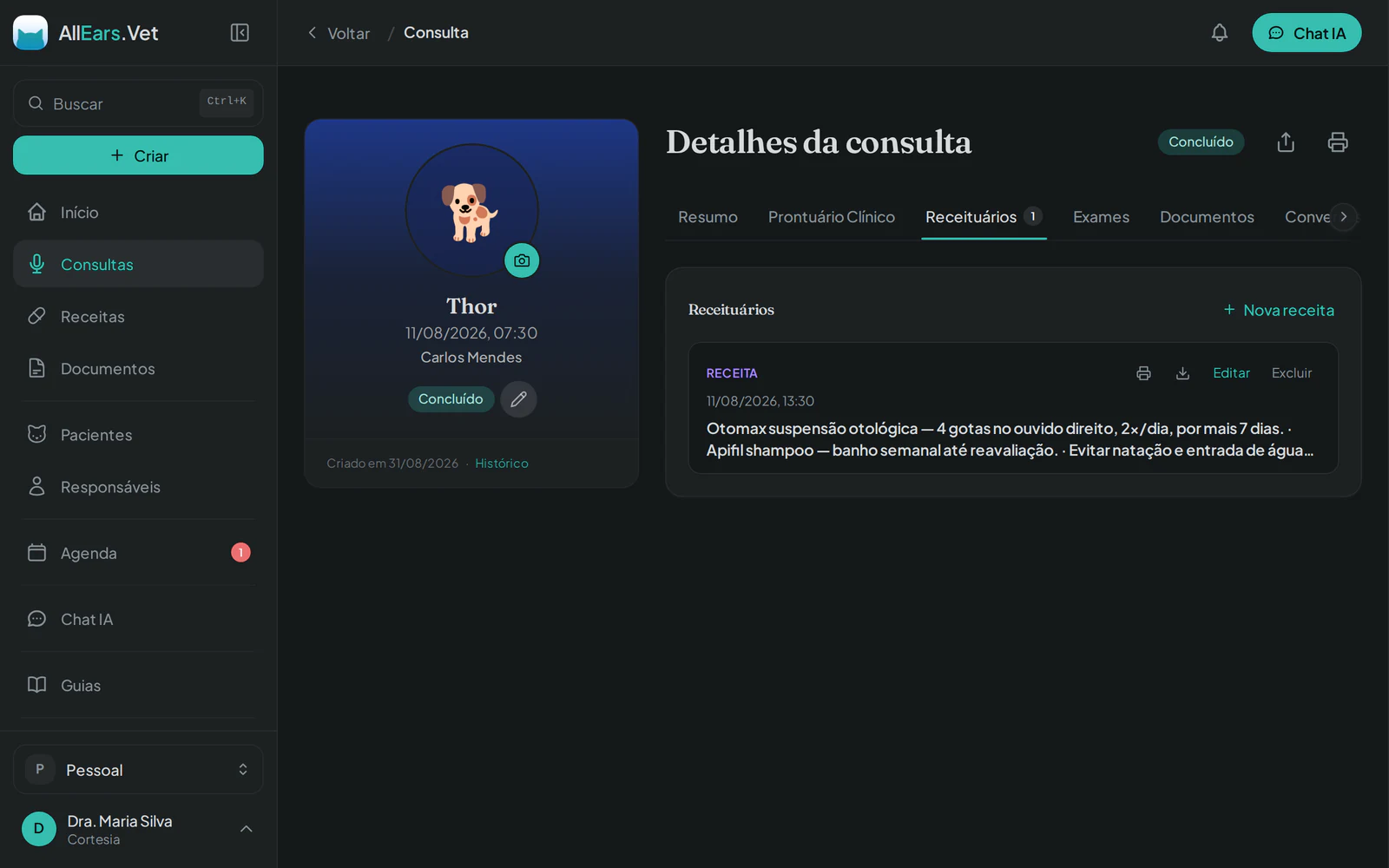 Receituário digital do AllEars.Vet no desktop com assinatura digital e QR code