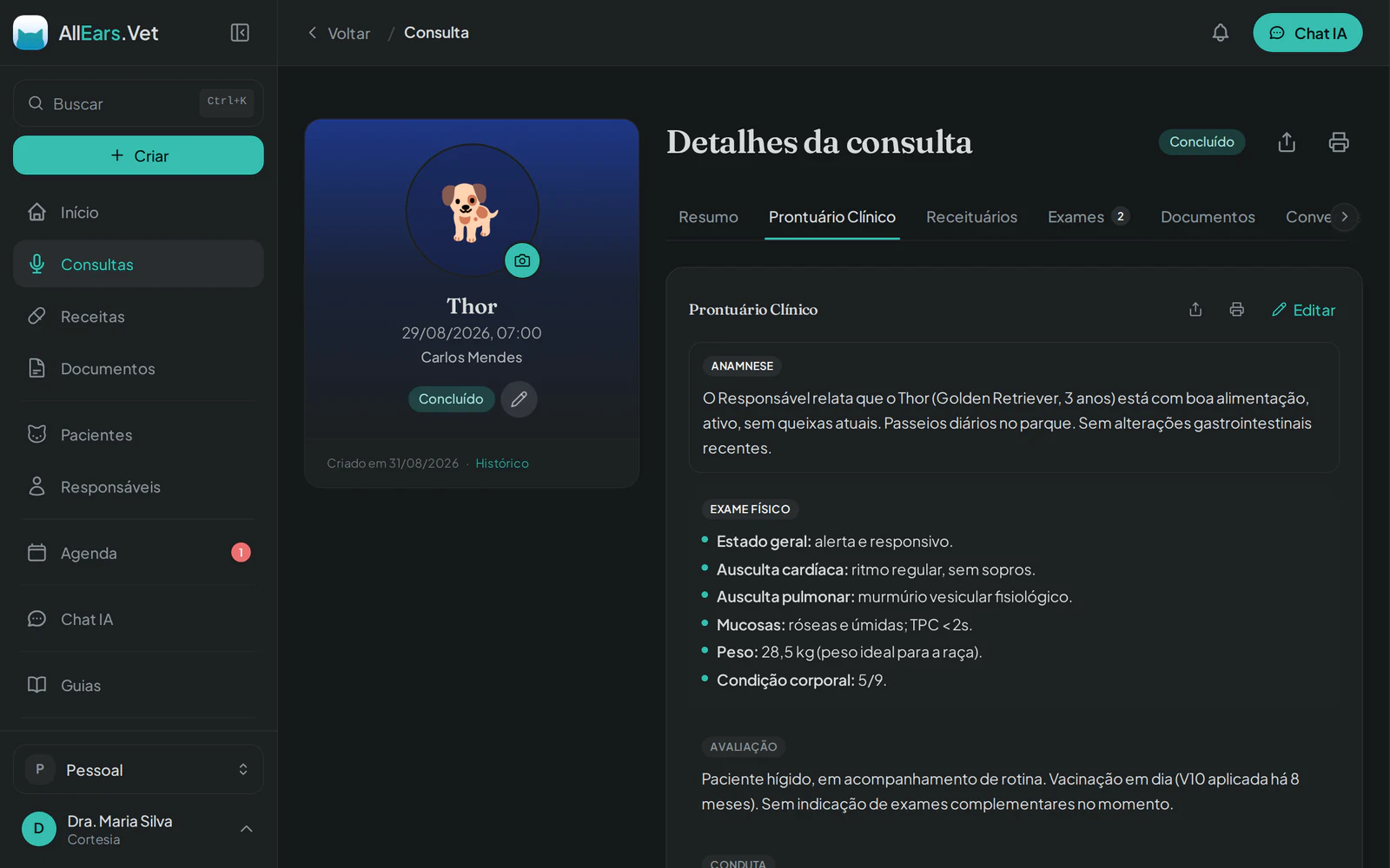 Prontuário gerado pela IA no AllEars.Vet aberto no navegador desktop