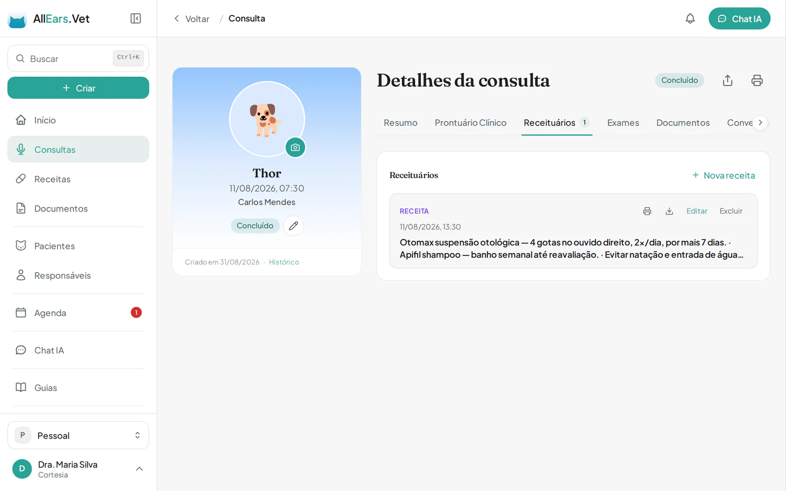 Receituário digital do AllEars.Vet no desktop com assinatura digital e QR code