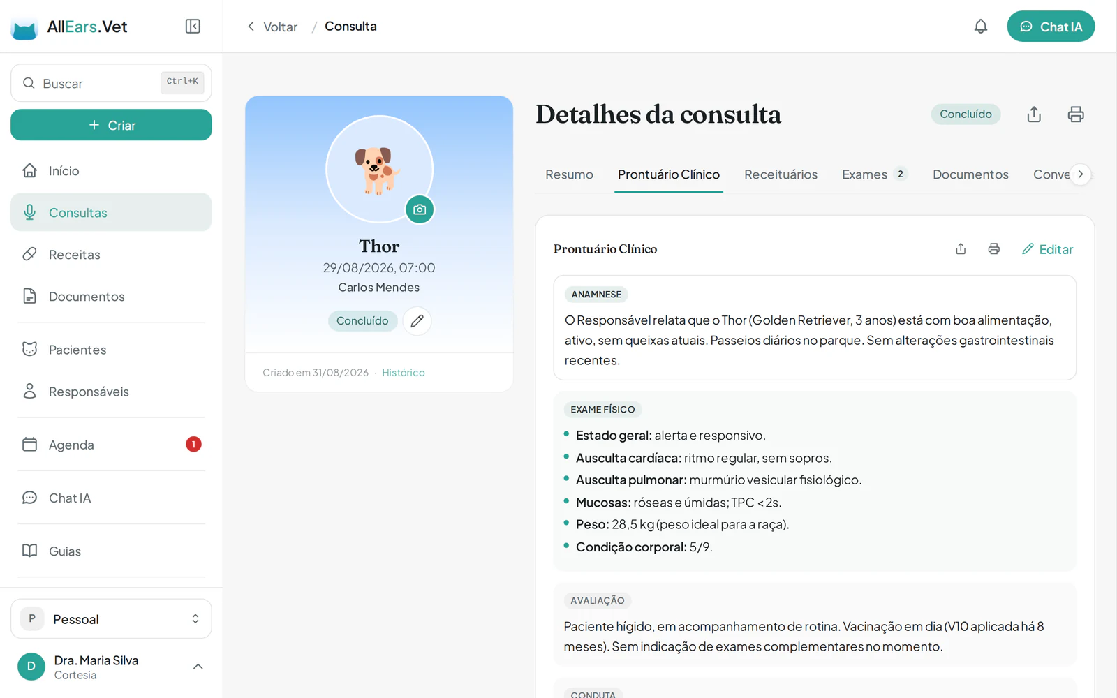 Prontuário gerado pela IA no AllEars.Vet aberto no navegador desktop